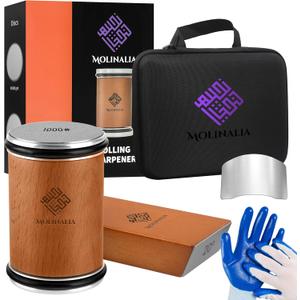 Rolling Knife Sharpener Multi Angle Tool w/Diamond & Ceramic Discs #1000/#3000, tumbler knife sharpener having Finger Guard, Gloves & Travel Bag