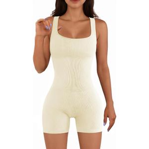 AURUZA Rompers for Women Workout Seamless Romper Yoga Ribbed One Piece Tank Tops jumpsuits Sleeveless Exercise Romper (Large, Beige)