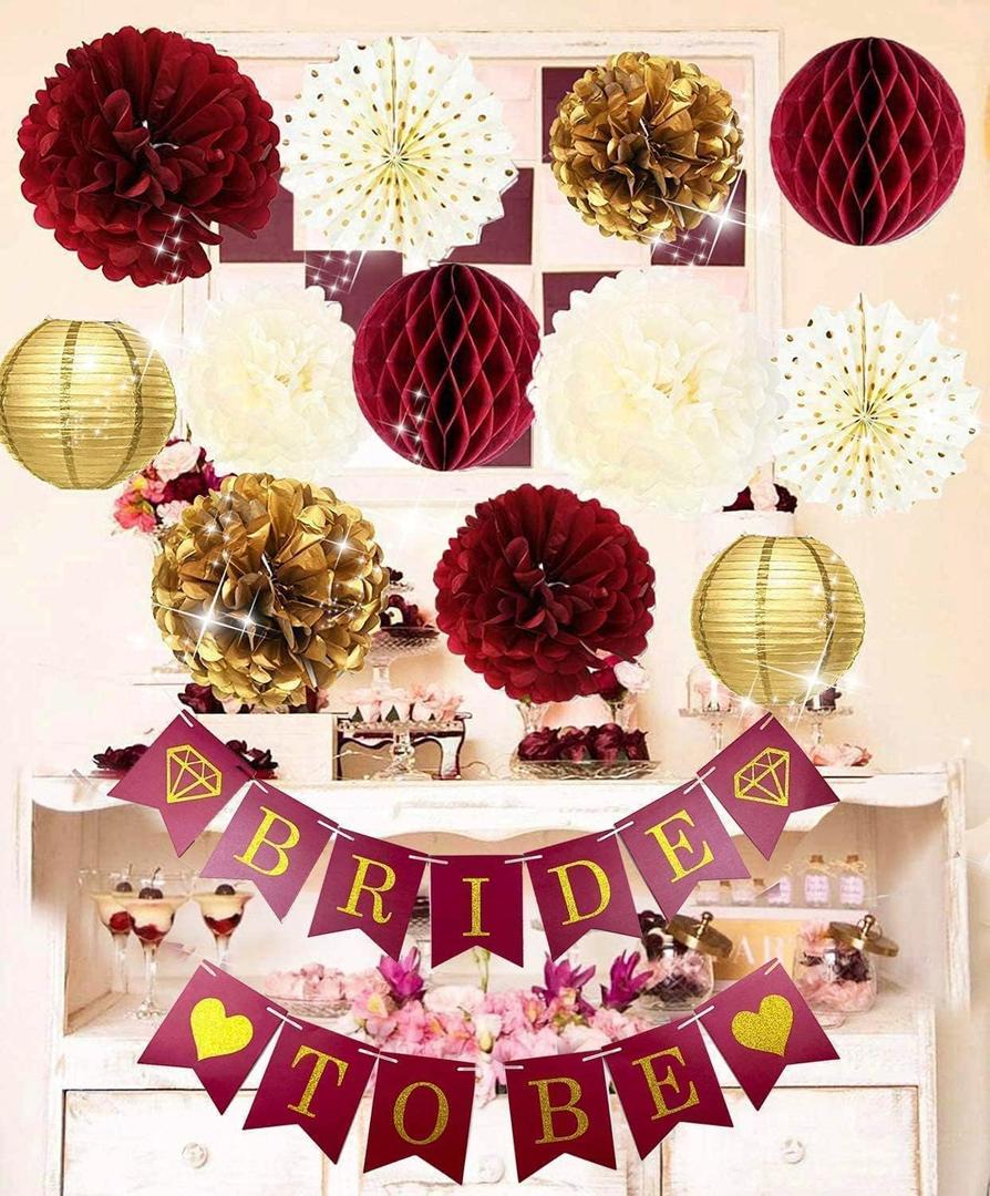 Bridal Shower Decorations Burgundy Gold/Fall Bachelorette Party Decorations Maroon Gold/Fall Wedding Decorations Burgundy Polka Dot Fans Bride To Be Banner for Burgundy Wedding