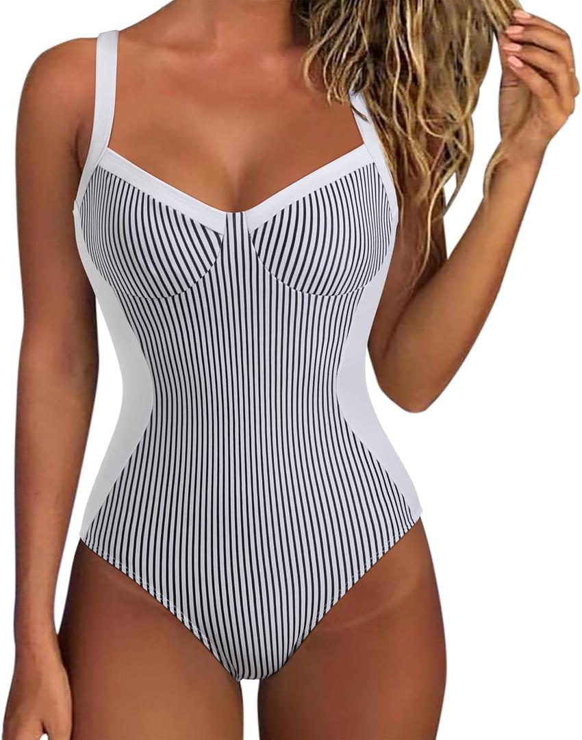 SUUKSESS Womens Tummy Control One Piece Swimsuit Sexy Crisscross Back Bathing Suit (Large, White Black Striped)