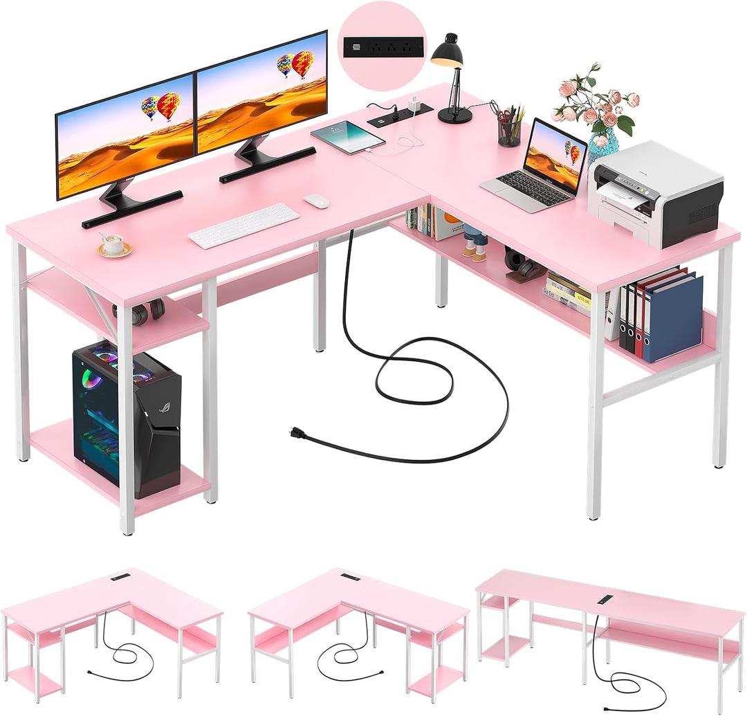 Unikito Reversible L Shaped Desk with Magic Power Outlets and USB Charging Ports, Sturdy Corner Computer Desk with Storage Shelves, Gaming Table Home Office Desk, Easy to Assemble, Pink, 42.5" W X 50.4" L X 29" H
