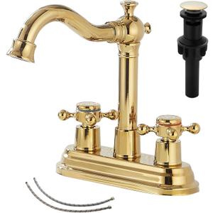 GGStudy Polished Gold Bathroom Faucet - 2 Handles, 4 Inches Centerset, RV Vanity With Drain Assembly and Supply Hose - Lavatory Mixer Double Handle Tap