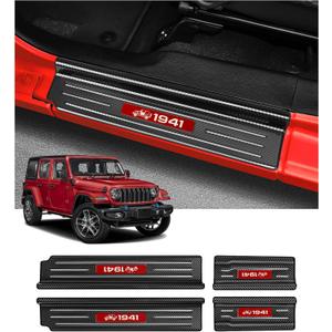 4PCS Door Sill Guards for Jeep 2018-2026 Wrangler JL JLU & 2020-2026 Gladiator JT Accessories Stainless Steel Material Red Trim Door Sill Protector Carbon Fiber Front Rear Door Entry Guard