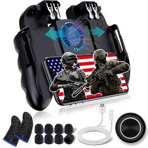 4 Trigger USB Mobile Game Controller with Cooling Fan Adjustable Stand for PUBG/Call of Duty/Fotnite [6 Finger Mode] GAMR+ L1R1 L2R2 Gaming Grip Gamepad