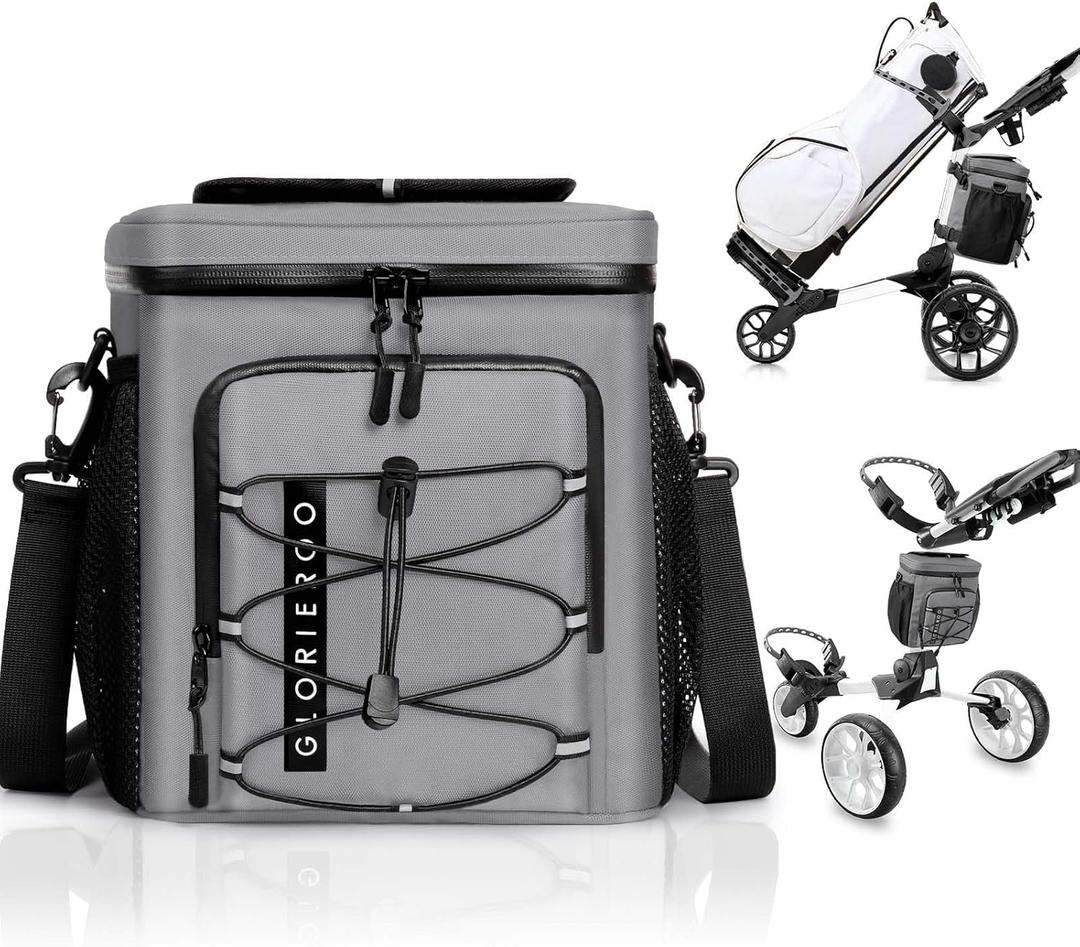 Golf Cart Cooler Bag Insulated - 12-Can Leakproof Soft Cooler Bag with Hook-and-Loop Lid, Waterproof Zippers, and Multi-Pockets for Accessories; Fits on Golf Push Cart (Gray)