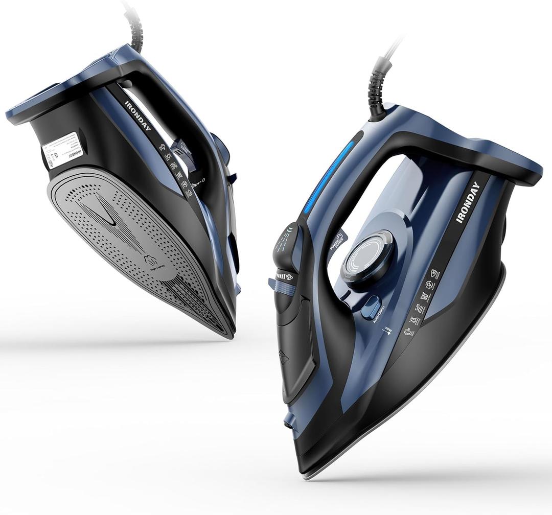 IRONDAY Steam Iron for Clothes 20s Fast Heating, 1700W Iron with 15.21oz Large Water Tank, 3-Way Auto shutoff, Burst Steam, Spray Mist, Anti-Drip, Self-Cleaning, Vertical Ironing for Home