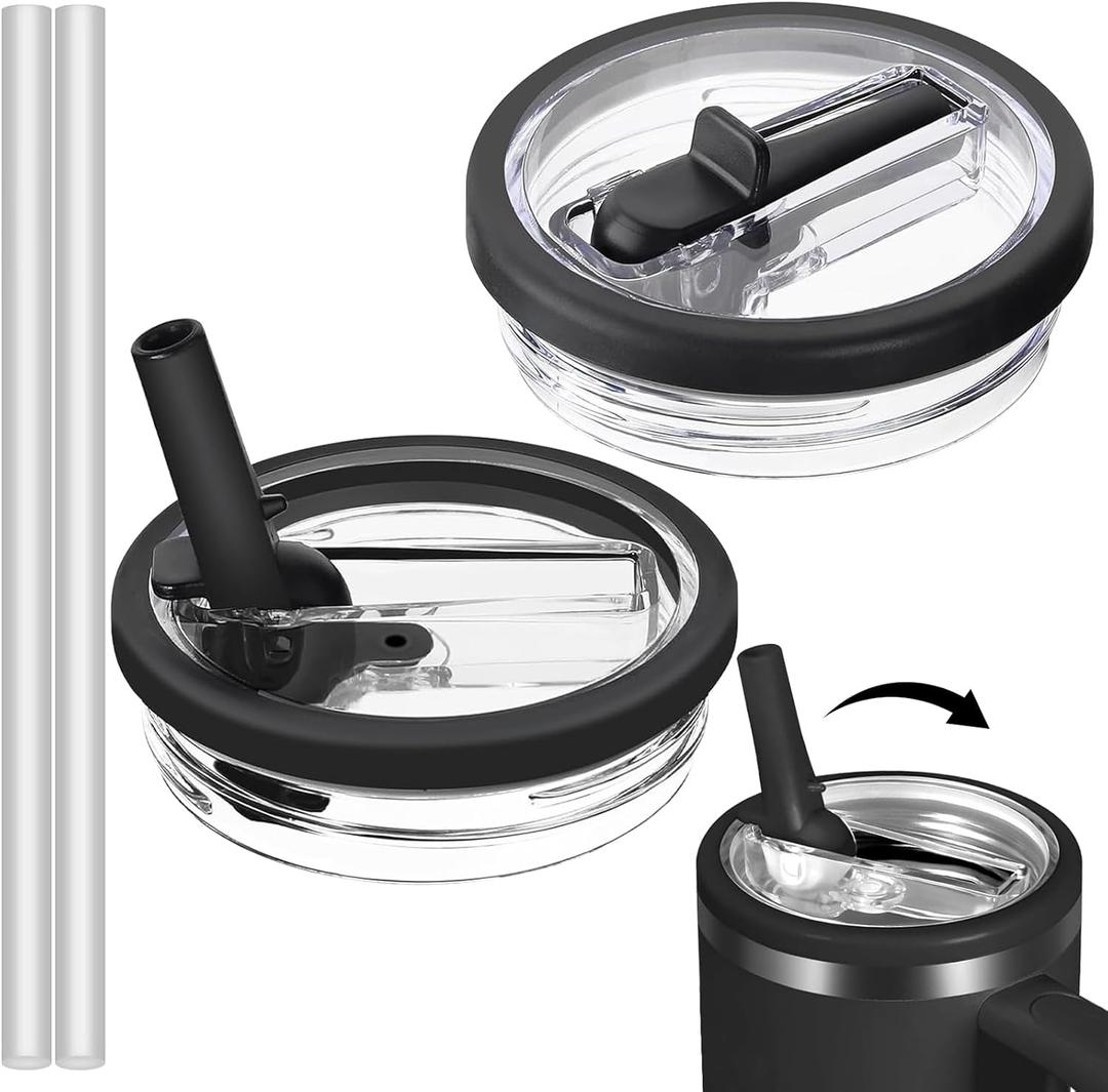 Stanley Cup Flip Straw Lid Replacement - 2Pcs 40oz Reusable Tumbler Cover, Spill Proof Splash Resistant, Flip Spill Stopper Lids (Black)