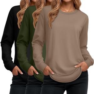 Ficerd 3 Pack Women's Long Sleeve Shirts, Cotton Crew Neck Tunic Tops Casual Loose Fit Pullover Sweatshirts Curved Hem Shirts (X-Large, Black, Army Green, Coffee)