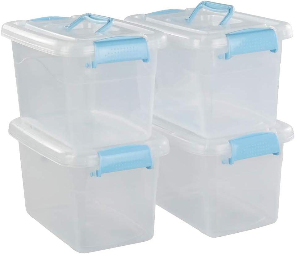 Ggbin 6 Quart Plastic Storage Box with Lid, Clear Latching Organizer Bin, 4 Packs (Blue Handle)