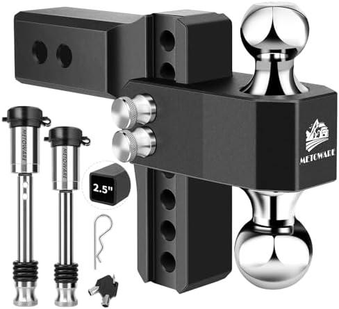 METOWARE Adjustable Trailer Hitch - Aluminum Tow Hitch Fits 2.5-Inch Receiver - Heavy Duty Drop Hitch with 6-Inch Drop/Rise for Truck (18,000 LBS GTW), Double Stainless Steel Locks & Hitch Pin (Black)