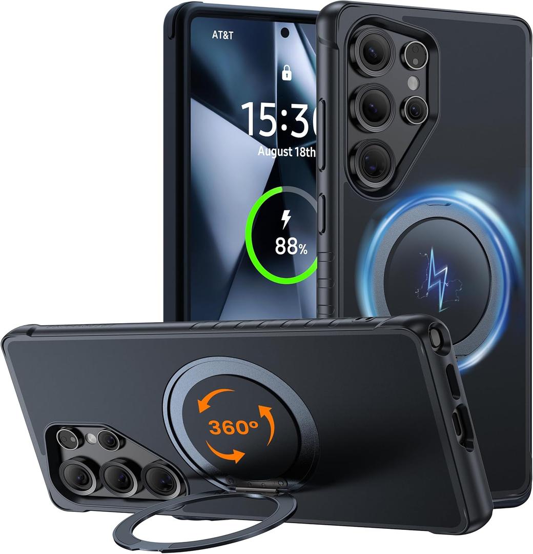 All-in-one 360 Rotatable Stand Case Designed for Samsung Galaxy S25 Ultra Case [18FT Military Drop Protection] [Compatible with MagSafe] S25 Ultra Case 6.9'' 2025, Opaque Black.