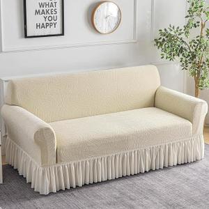 Water Repellent Stretch Sofa Slipcover Tropical Leaves Ruffled Couch Sofa Cover with Elastic Bottom for Kids,Pet(Yellow,Large(75"-91"))