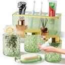 Glass Bathroom Accessories Set 5Pcs Crystal - Foaming Soap Dispenser, Soap Dish, Cup, Acrylic Toothbrush Holder with Tray Organizer, Qtip Jar, Bathroom Counter Set Sink Decor (Green)