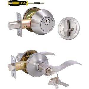 Keyed Alike Front Door Lever Lockset with Single Cylinder Deadbolt Combination Set, Exterior Door Knob with Lock and Deadbolt, Satin Nickel Finished Door Lock