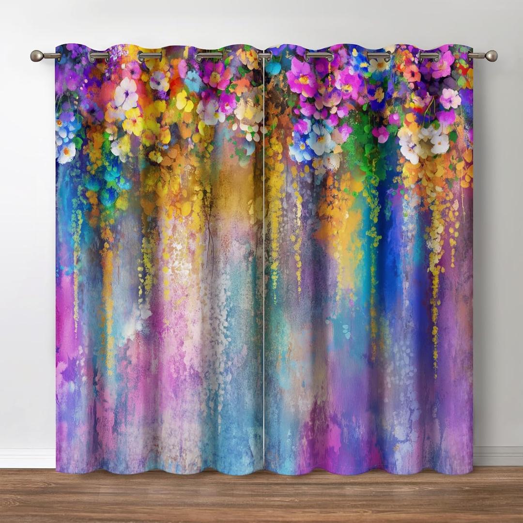 Jekeno Floral Blackout Curtains Weeping Purple Flowers Floral Decor for Home Bedroom Living Room Colorful Darkening Grommet Window Drapes 2 Panel Set, 42"x84"