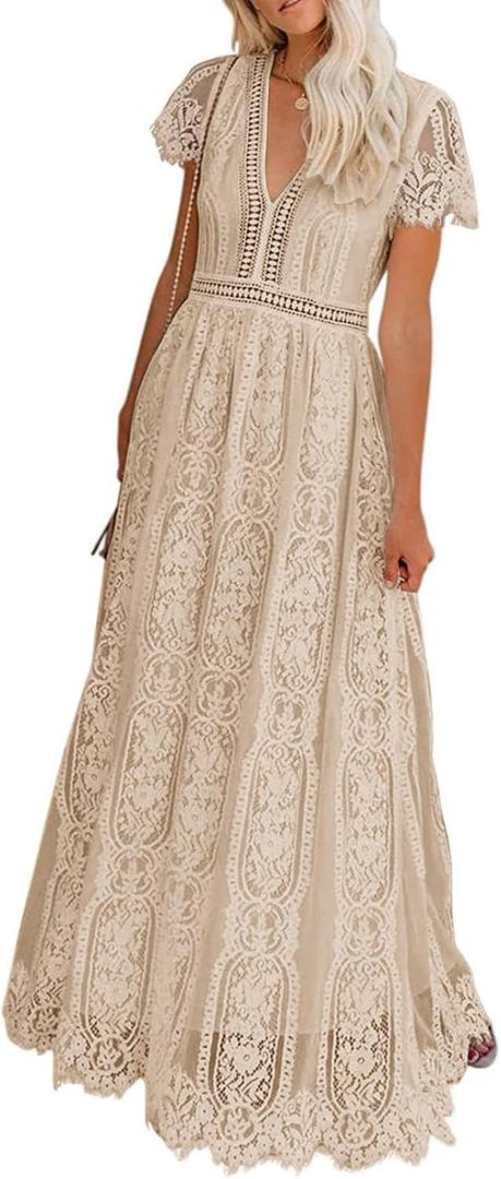 MEROKEETY Women's V Neck Short Sleeve Floral Lace Wedding Dress Bridesmaid Cocktail Party Maxi Dress (Medium, Apricot)