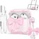 for Airpods 4 Case Pink 2024 with Safety Lock & Phone Stand, 3D Bow Clear iPod 4 Cases with Cute Keychain & Cleaning Kit, Soft TPU Cover for AirPods 4th Generation Case Girls Women
