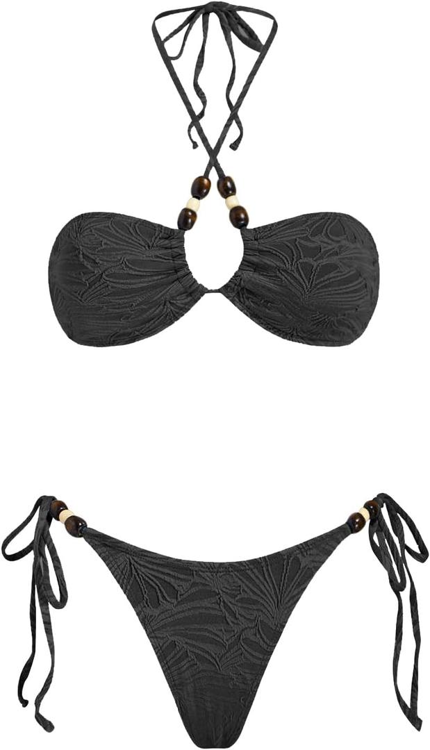 VOLAFA Triangle Bikini Set for Women Halter Swimsuit Beaded Solid Tie Textured Cheeky Swimwear Two Piece Bathing Suit (Black, M)