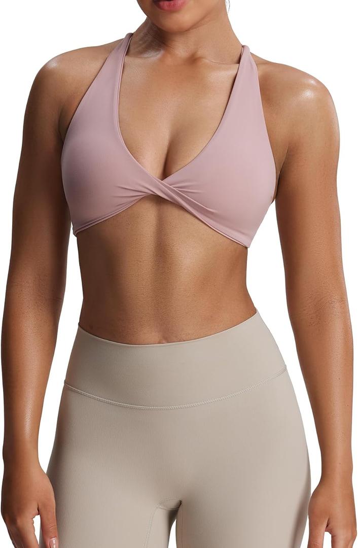 Aoxjox Women's Workout Sports Bras Fitness Backless Padded Sienna Low Impact Bra Yoga Crop Tank Top (Woodrose, Small)
