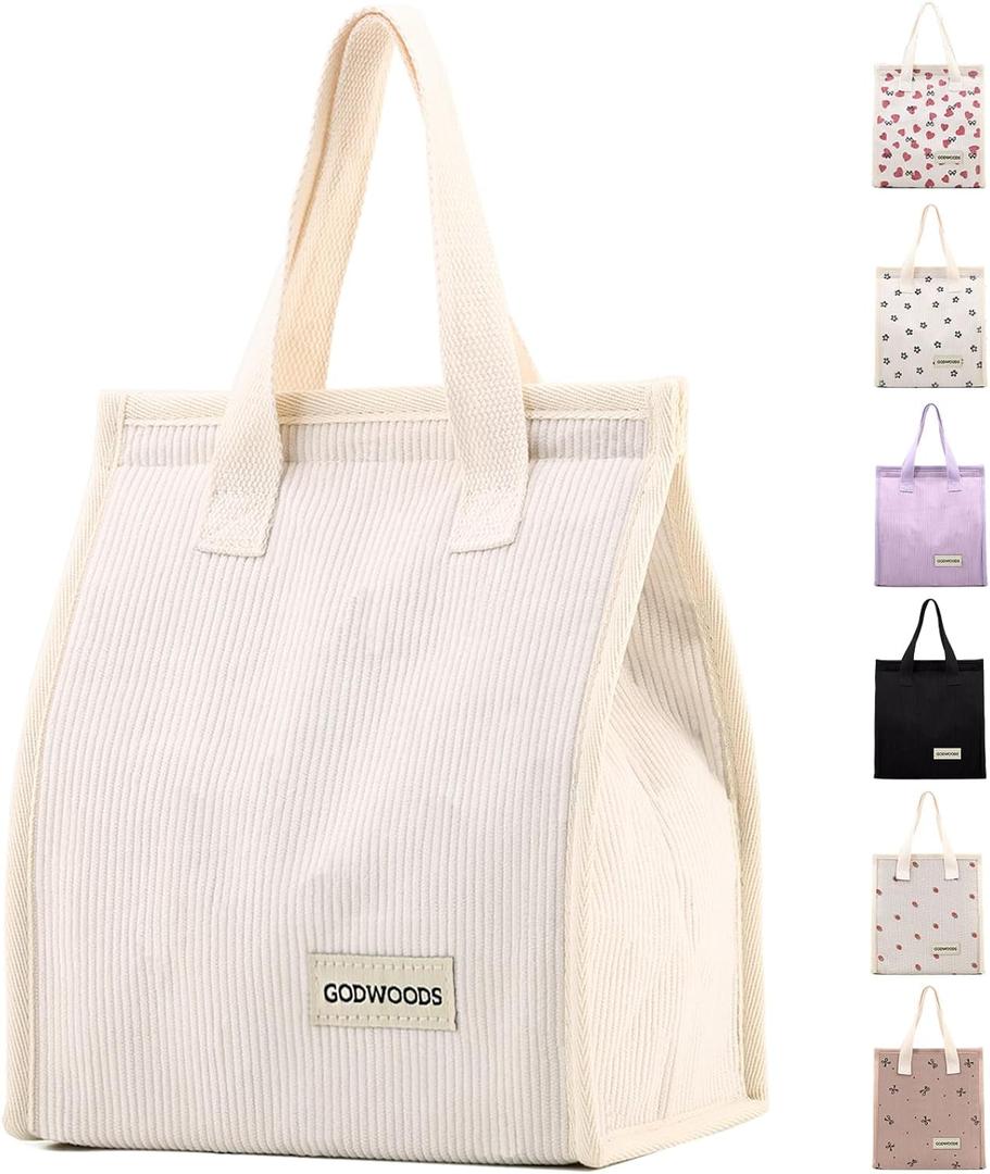 TELLUMO Corduroy Lunch Bag for Women Men Cute Lunch Bag Insulated Lunch Box with Large Capacity (7.5L) Reusable Lunchbag for Work, Picnic, Beach or Travel (S- Corduroy Beige)