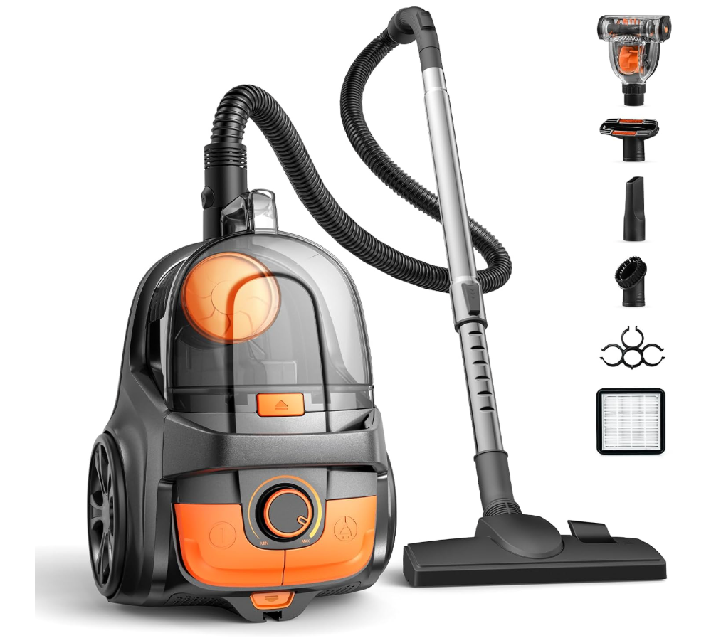 HawKam Canister Vacuum, Upgraded 1600W Bagless Canister Vacuum Cleaner, Auto Cord Rewind, H13 HEPA Filter, 4Qt Large Capacity, 5 Tools for Hard Floors, Carpet, Pet, Upholstery, Tiles, Tangerine