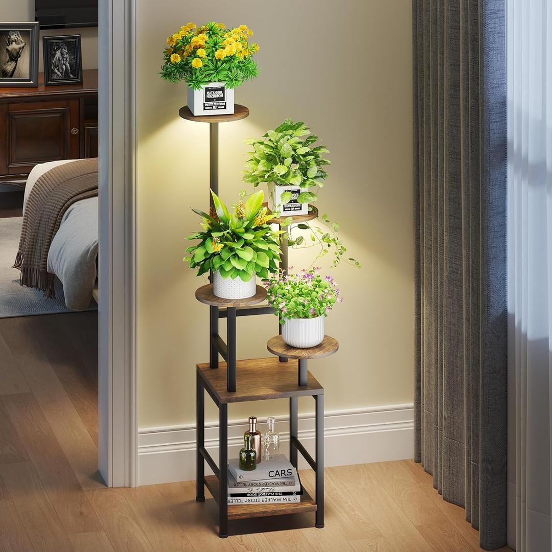 Round Plant Stand Indoor with Grow Light, 5-Tiered Tall Plant Stand Indoor, Metal Plant Shelf with Adjustable Light, Ideal for Living Room, Garden, Patio (Black Brown)
