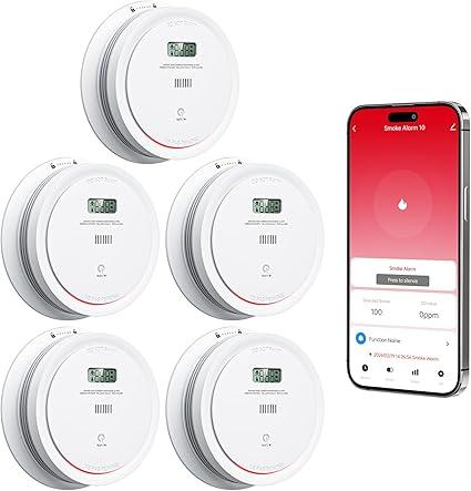5 Packs Wi-Fi Smoke Detector Carbon Monoxide Detector Combo with App Notifications, Smart Smoke and Carbon Monoxide Detector with LCD Display & Replaceable Battery, Compatible with Tuya Smart 5 Packs Wi-Fi Smoke Detector Carbon Monoxide Detector Combo with App Notifications, Smart Smoke and Carbon Monoxide Detector with LCD Display & Replaceable Battery, Compatible with Tuya Smart