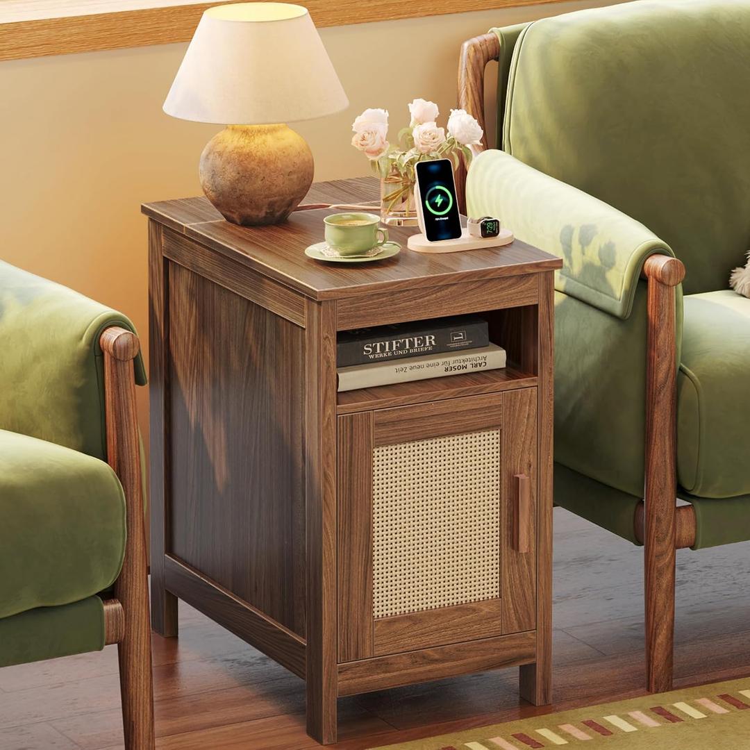 Huuger Narrow Night Stand, End Table with Charging Station, USB-C Port, Rattan Side Table with Cabinet and Open Shelf, Synthetic Rattan, for Small Spaces, Bedroom, Walnut