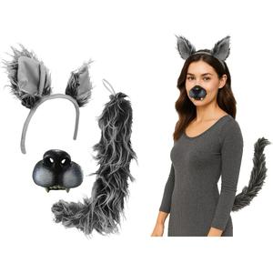 Nicky Bigs Novelties Gray Werewolf Costume Kit Big Bad Wolf Ears Headband Tail and Nose Mask Set Faux Fur Halloween Cosplay Accessory for Adults One Size Fits Most