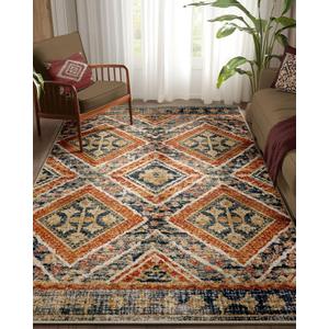 Area Rug 5x7 Rug Machine Washable Non-Slip Low Pile Print Pattern Western Rug for Living Room Bedroom Entryway Tribal Series -Orange/Brown