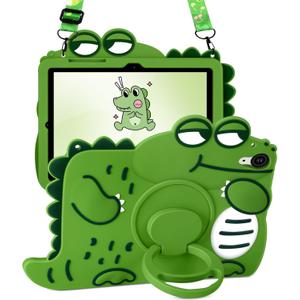 for Samsung Galaxy Tab S9 FE Case 10.9 - Cute Girls Boys Kawaii Cover Girly 3D Cartoon Women with Rotating Handle Stand & Strap Soft Silicone Green Funda for Samsung S9 FE 5G Tablet Case