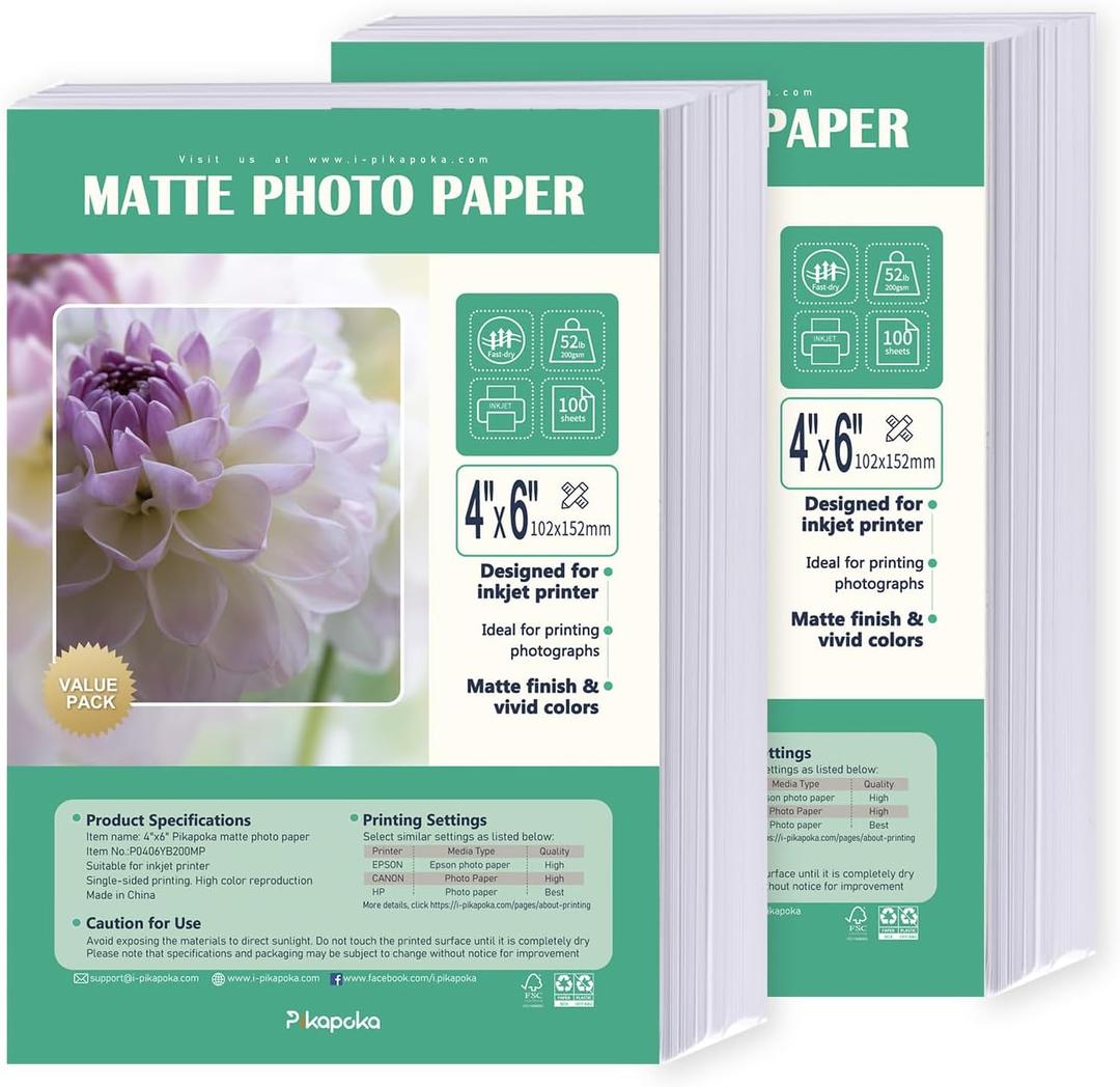4x6 Matte Photo Paper for Inkjet Printer, 200gsm/52lb Single Sided 4R Matt Paper, 200 Pack