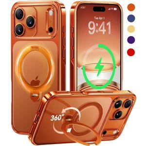 CASEKOO Glossy 360 Spin Magnetic Stand for iPhone 17 Pro Max Case [Fit for MagSafe][17FT Military Protection] Slim Hand-Polished Frame Titanium Alloy Sturdy Stand 6.9", Glossy Cosmic Orange