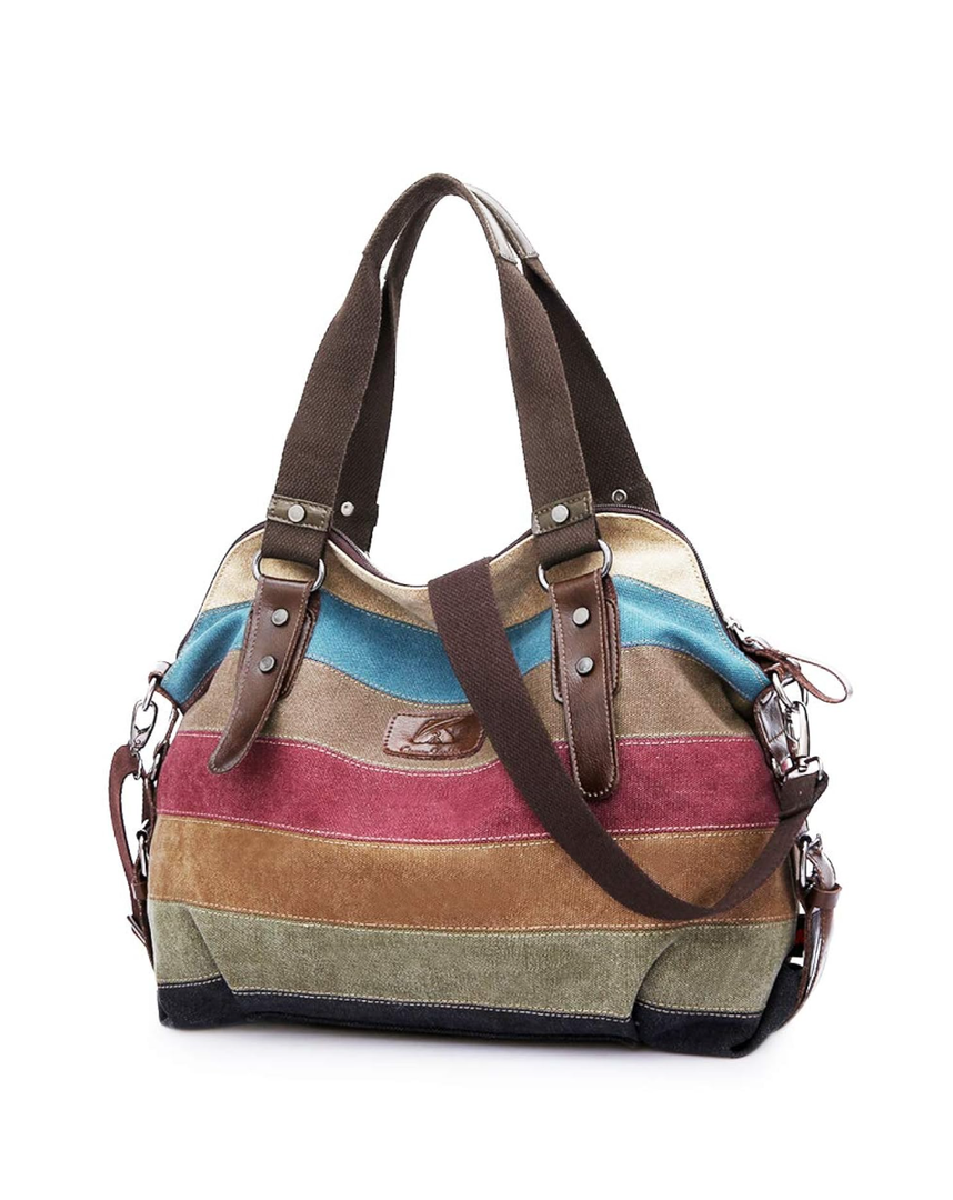 Canvas Handbag Multi-Color Striped Lattice Cross Body Shoulder Purse Bag Tote-Handbag for Women