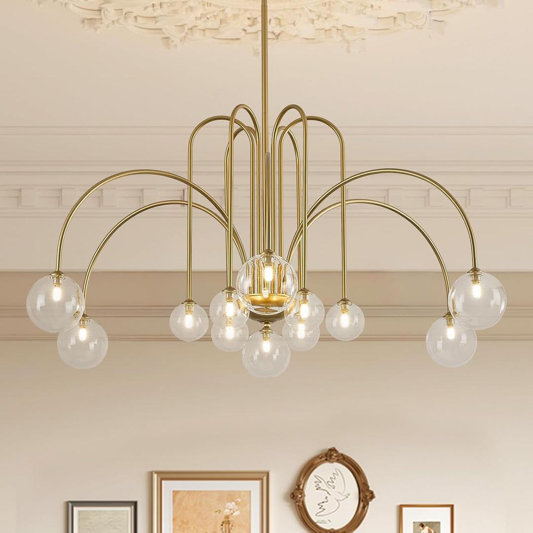 Mid Century Gold Sputnik Chandelier 12 Lights Modern Large L52 Clear Glass Globe Pendant Light Fixture for High Ceiling Foyer Staircase Living Dining Room