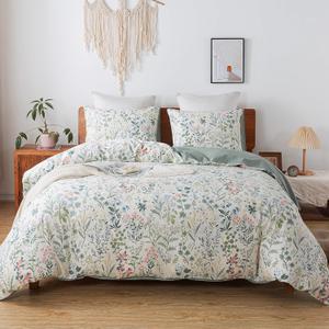 HoneiLife King Size 100% Cotton Floral Breathable Duvet Cover with Zipper Closure & Corner Ties,3pcs Wildflower Comforter Cover Sets- Fragrant Grass (King-104" x 90", Green Floral)