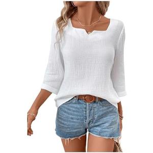 MakeMeChic Women's Notched 3/4 Sleeve Blouses Textured Casual Blouse Shirt Top.M, White