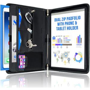 STYLIO Zipper Padfolio Portfolio Binder Organizer | Faux Leather Portfolio for Resume, Documents, Phone, Tablet, Business Supplies and Cards | Notebook Organizer with Letter Sized Notepad Included (21.5" x 13.5" (Opened Up), Black)