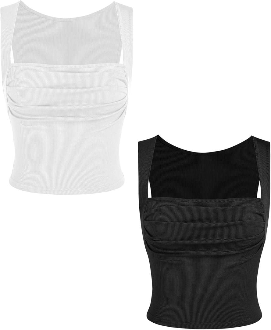 CIDER 2 Pack Women Tank Tops Set Ruched Square Neck Sleeveless Going Out Cute Crop Top Trendy (X-Small, Black & White)