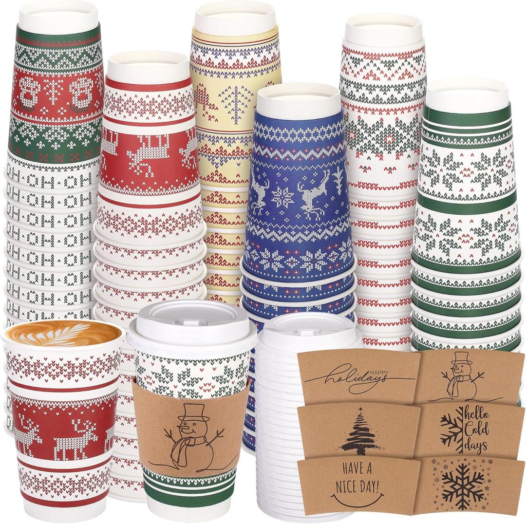 100 Set Christmas Paper Coffee Cups 16 Oz Double-Layer Ugly Christmas Sweater Paper Cups with Lids Cup Sleeves Disposable Winter Cups for Cold Hot Beverages Xmas Party Supplies, 6 Designs