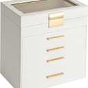 Jewelry Box, 5 Layers Jewelry Storage Display Box with Glass Lid for Women, 4 Drawers,Large Capacity for Necklace Earrings Bracelets Rings,White