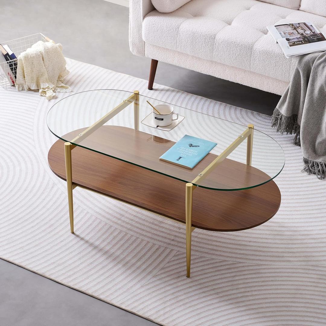 LumFurn Oval Glass Coffee Table, Mid-Century Modern Table for Living Room, L41xW21xH17inch, Clear Glass and Walnut Finish MDF Wood, Gold Finish Frame