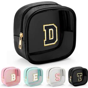 YOOLIFE Initial Makeup Bag Travel Toiletry Bag, Clear Makeup Bag Car Accessories For Women Clear Makeup Bags With Zipper Girlfriend Teacher 7 Year Old Girl Gifts Daughter Gifts Girl Gifts Mini Black D
