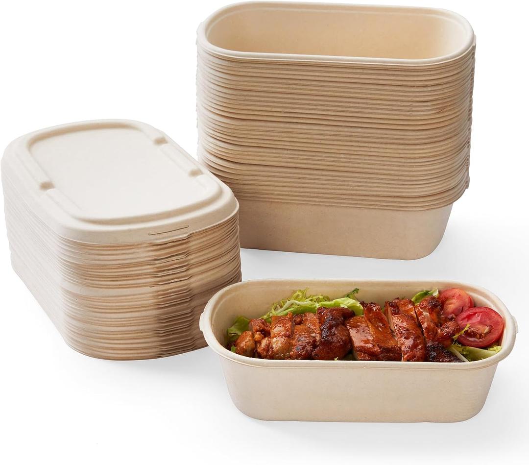 [100% Eco-Friendly] Disposable Food Containers with Lids Sugarcane Pulp Take Out Boxes, Biodegradable, Compostable, Microwave Safe Lunch Containers Pack of 50 (24 OZ)