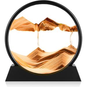 Herecanli Moving Sand Art Picture - 3D Quicksand Painting Decor - Round Glass 3D Deep Sea Sandscape - Relaxing Decoration for Home,Office,Desk,Mantle,Bookshelf,Room- (Yellow, 7 in)