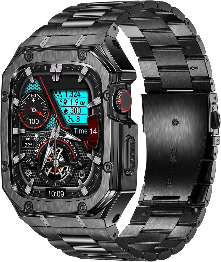 BAITEYOU Stainless Steel Watch Band with Case Compatible with Apple Watch Series 9 8 7 45mm, Rugged Strap with Metal Protective Bumper Cover for iWatch Bands Men (Black)