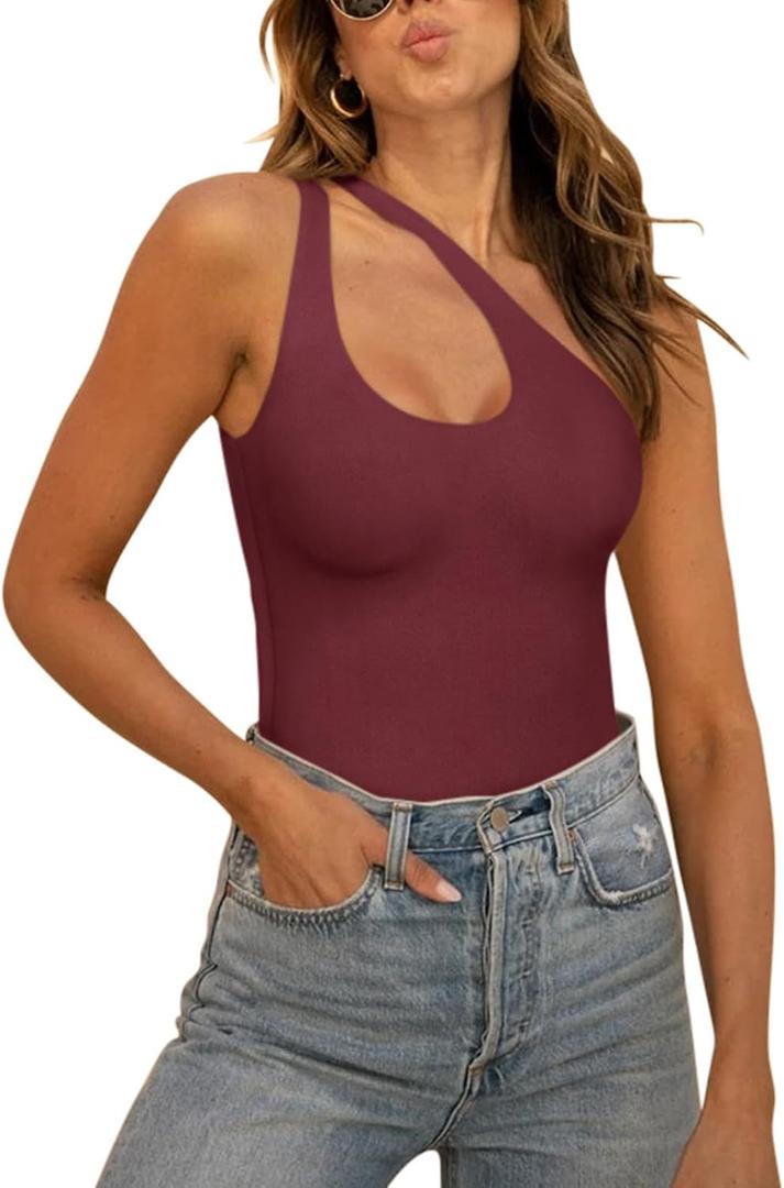 REORIA Butsmooth Women's Trendy Sexy Plunge One Shoulder Sleeveless V Backless Going Out Tank Bodysuits Tops (Large, Burgundy)