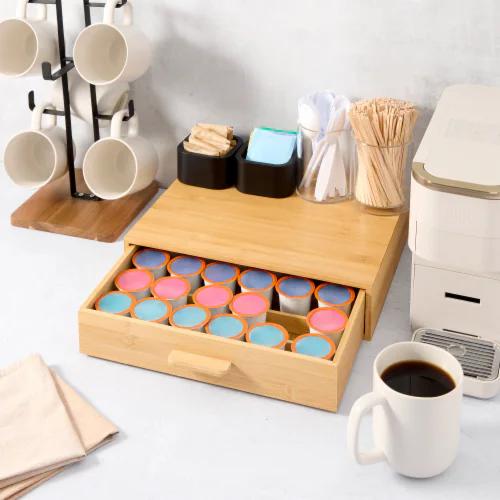 Core Bamboo Coffee Capsule Storage - Coffee Pods and Tea Holder Tray - Space-Saving Under Coffee Maker Coffee Machine Pod Organizer - Coffee Pod Drawer with Separators
