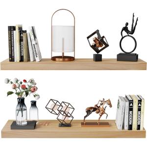 Habudda Floating Shelves for Wall, Bathroom Bedroom Kitchen Book Shelf, Rustic Wooden Home Decor Plant Display, Varnished Natural Solid Wood, Mounted Invisible Bracket, 30" Set of 2 (30"×6.7"×1.6")