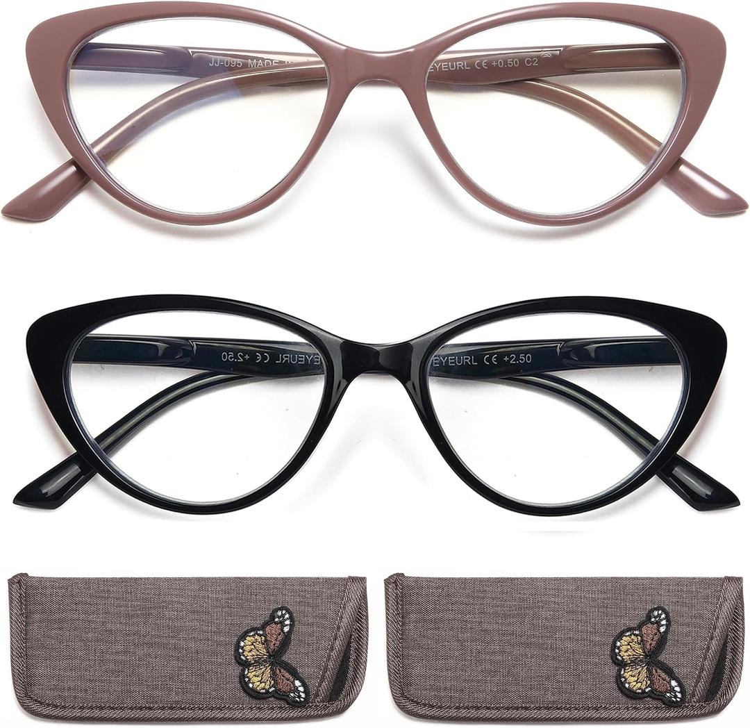EYEURL Cat Eye Reading Glasses for Women - 2 Pack Blue Light Blocking Computer Readers 2.25 Spring Hinge Anti Glare/UV Ray Eyeglasses